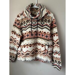 Womens Sherpa Fleece Pullover Sweater Cowl Neck Tribal Print Western Retro Boho